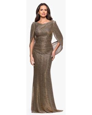 Betsy & Adam Betsy Adam Long Metallic Crinkle Drape Back Boat Neck Dress - Brown