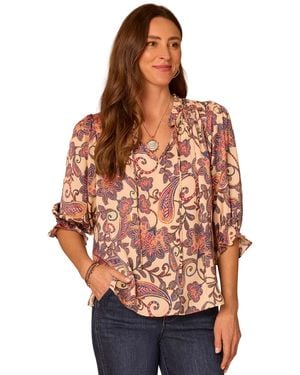 Democracy 3/4 Sleeve Paisley-print Split-neck Blouse - Multicolor