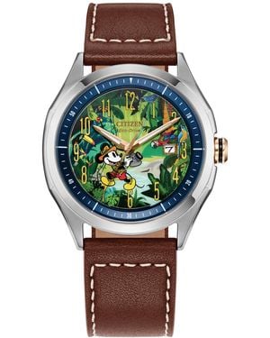 Citizen Eco-drive Disney Mickey Mouse Explorer Brown Leather Strap Watch 41mm - Gray