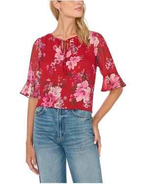 Cece 3/4-sleeve Floral-print Tie-neck Blouse - Red