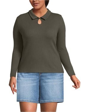 Lands' End Plus Size Long Sleeve Pointelle Rib Keyhole Polo Top - Green