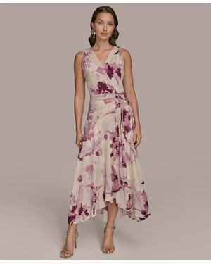 Donna Karan Chiffon Floral Print Faux-wrap Midi Dress - Pink