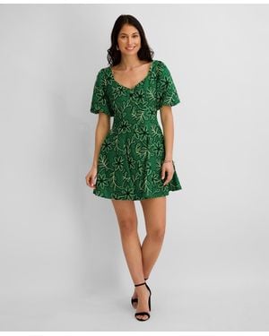 Kensie Corded Woven Printed V-neck Dress - Green