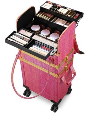 Byootique Gold Makeup Train Case Lockable Rolling Cosmetic Trolley Storage - Pink