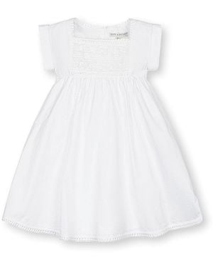 Hope & Henry Girls' Sleeveless Crochet Detail Empire Waist Seersucker Dress - White