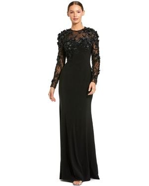 Mac Duggal Jersey Long Sleeve Fitted Gown With Floral Beading - Black