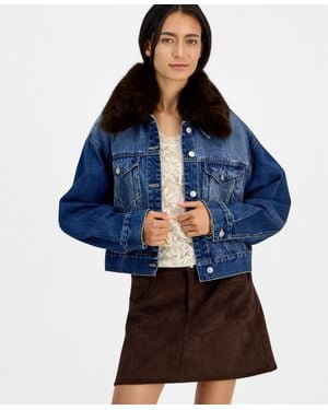 And Now This Removable Faux-fur Collar Denim Cropped Jacket - Blue