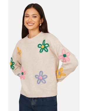 Yumi' Relaxed Flower Embroidered Sweater - Gray