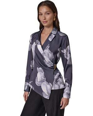 Donna Karan Wrap Floral-print Long-sleeve Blouse - Blue
