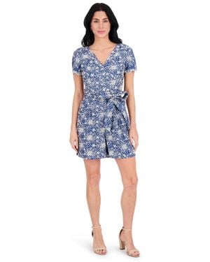 Kensie Eyelet Short-sleeve Belted Romper - Blue