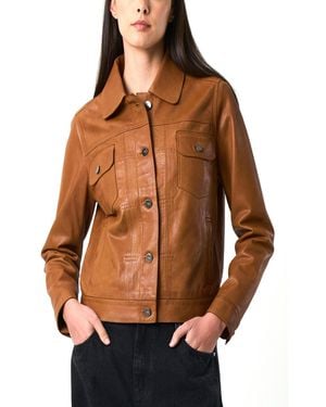 Velez Kalahari Genuine Leather Semi-fitted Silhouette Trucker Jacket - Brown