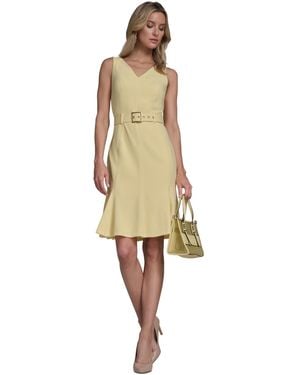 Calvin Klein Belted Pleated Hem Dress - Natural