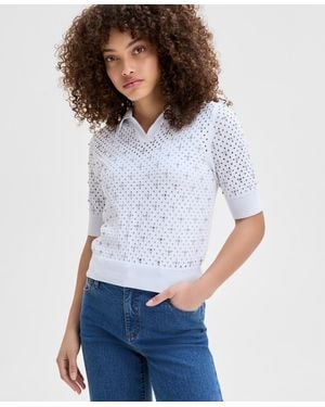 INC International Concepts Petite Embellished Polo Sweater - White