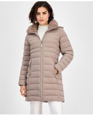 Michael Kors Michael Faux Fur Collar Hooded Packable Puffer Coat P Xxs Xxl - Brown