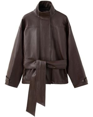 Mango Faux Leather Oversized Funnel-neck Jacket - Brown