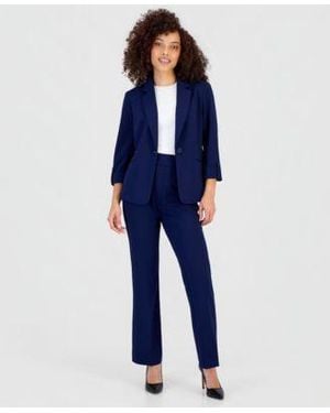 Anne Klein Essentials Petite Roll Tab Sleeve One Button Blazer High Rise Pull On Pants - Blue