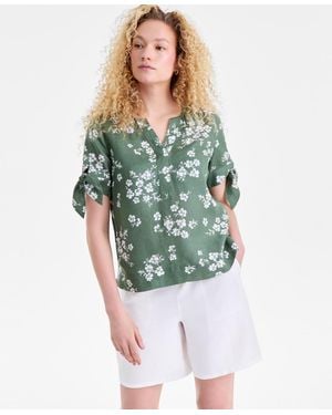 Charter Club 100% Linen Split-neck Tie-cuff Top - Green