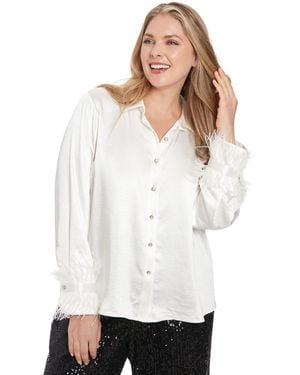 Muse Plus Size Collared Feather-trim-sleeve Satin Shirt - White