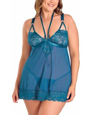 iCollection Plus Size Wide Strap Mixed Lace Babydoll Lingerie Set - Blue