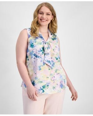 Tahari Plus Size Printed Tie-neck Sleeveless Blouse - Blue