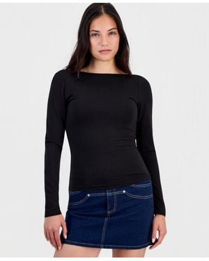 BarIII Draped-back Long-sleeve Top - Black