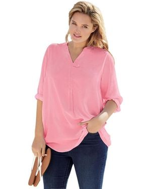 Woman Within Plus Size Floral V-neck Three-quarter-sleeve Tunic Blouse - Pink