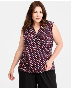 Anne Klein Plus Size Printed Surplice Sleeveless Top - Red