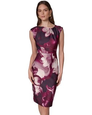 Donna Karan Floral-print Asymmetric-neck Sheath Dress - Red
