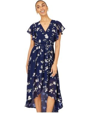 Yumi' Floral Frill Hem Wrap Midi Dress - Blue