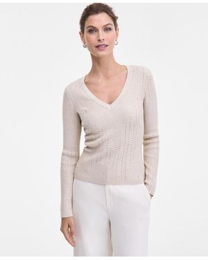 INC International Concepts Metallic-knit V-neck Sweater - White