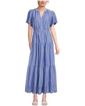 Lands' End Tiered Cotton Poplin Eyelet Maxi Dress - Blue