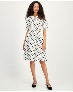 Kasper Polka Dot Puff-sleeve Midi Dress - White