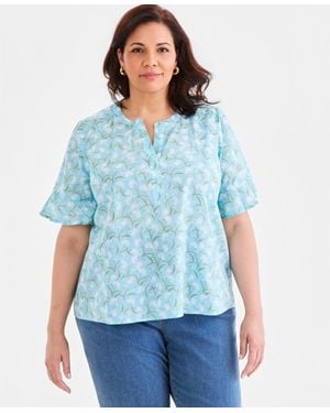 Style & Co. Plus Size Printed Cotton Split-neck Popover Top - Blue