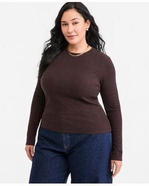On 34th Plus Size Meet & Greet Pointelle Rib-knit Jacquard Long-sleeve Top - Blue