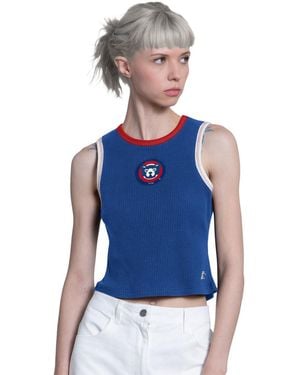 Starter Royal Chicago Cubs Cooperstown Play The Ball Crop Tank Top - Blue