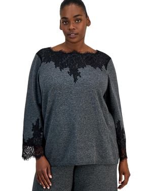 Anne Klein Plus Size Boat-neck Lace-trim Bracelet-length Sleeves Sweater - Gray