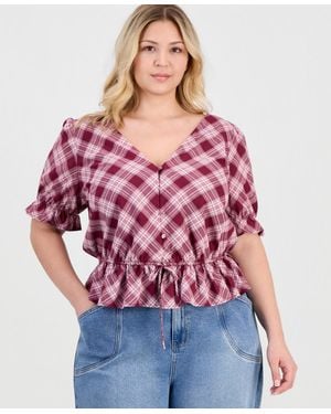And Now This Trendy Plus Size V-neck Button-front Cotton Peplum Top - Red