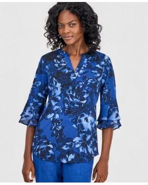 Kasper Mixed Media Tiered Flutter Sleeve Top - Blue