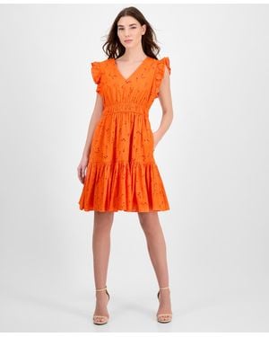 Anne Klein Cotton Eyelet Drawstring-waist Dress - Orange
