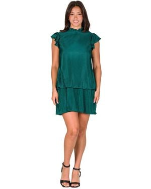 24seven Comfort Apparel Petite Ruffle Cap Sleeve Pleated Tiered Mini Dress - Blue