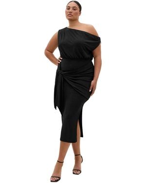 City Chic Plus Size Paloma One-shoulder Metallic Wrap Midi Dress - Black