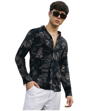 Campus Sutra Midnight Bloom-imprint Shirt - Black