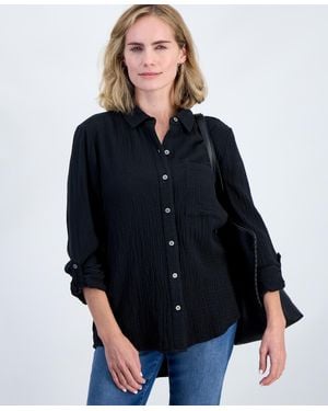 Style & Co. Petite Perfect Button-front Roll-tab Cotton Shirt - Blue