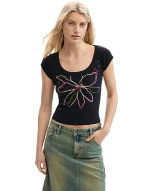 Desigual Fitted Flower T-Shirt, Cotton - Black