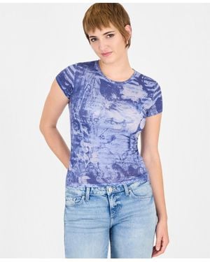 Guess Poetic Rose R4 Graphic-floral Print Slim-fit Short-sleeve T-shirt - Blue