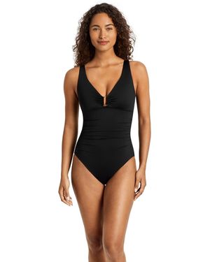 Ralph Lauren Ring Over-the-shoulder V-neck Tummy-control One-piece Swimsuit - Black