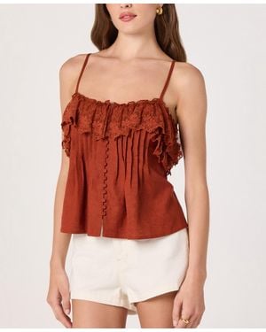 Astr Ruffled Lace Trim Straight Neck Tank Top - Red