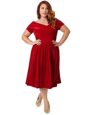 Unique Vintage Plus Size Shirred Off Shoulder Swing Dress