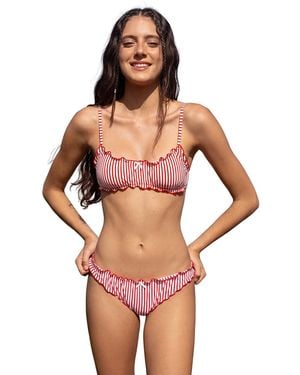 CUPSHE Vertical Stripe Ruffled Bow Detail Bikini Set - Red