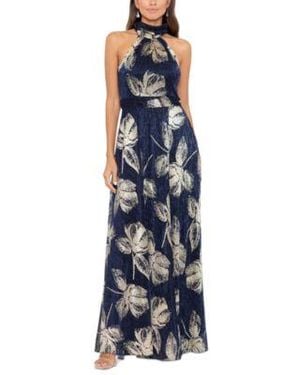 Betsy & Adam Betsy Adam Metallic Print Halter Gown - Blue